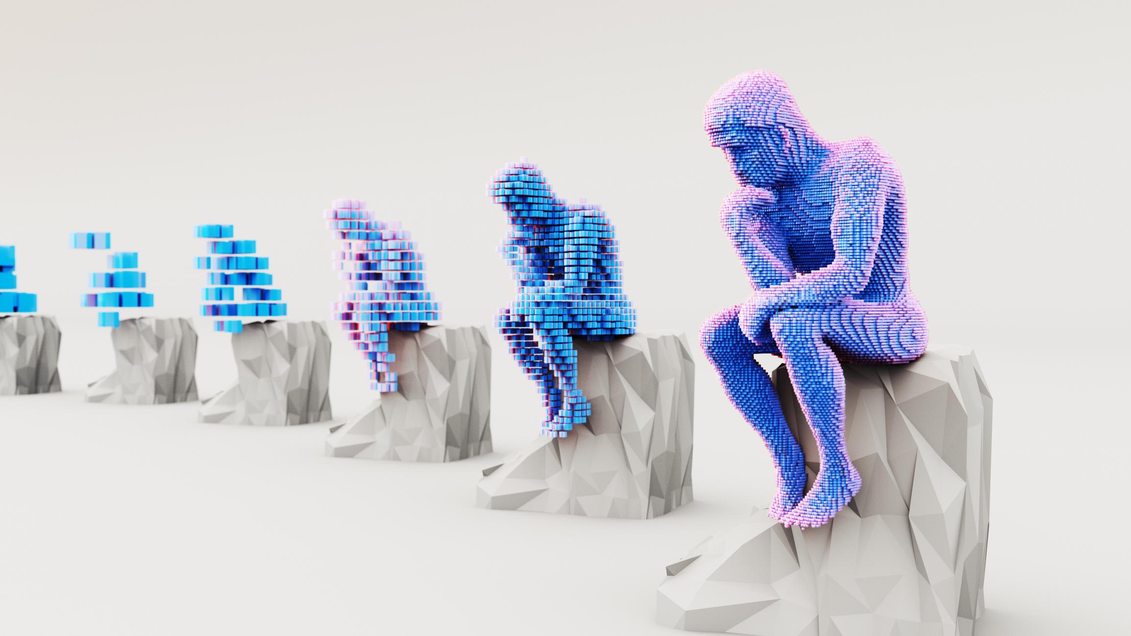 The Thinker statue digitized and duplicated in pixels